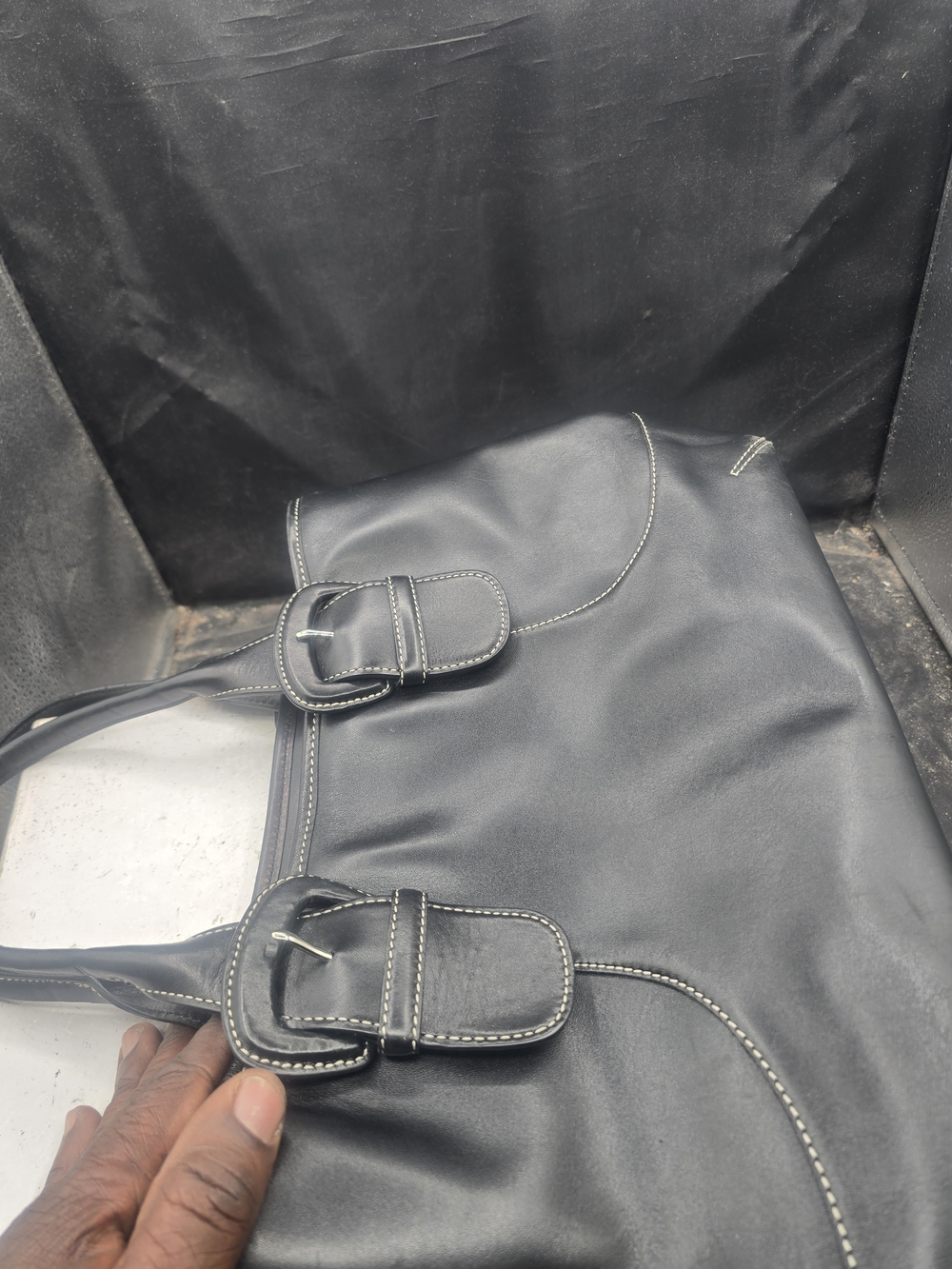 Cole Haan Black Leather Shoulder Bag with Buckle Straps
